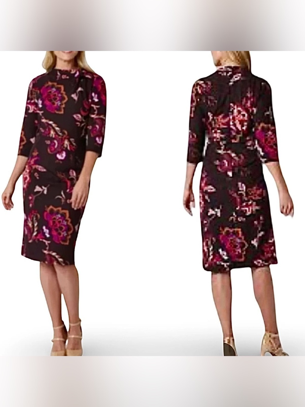 NWT Liz Claiborne Women’s Dark Plum Floral Midi Dress With Neck Tie